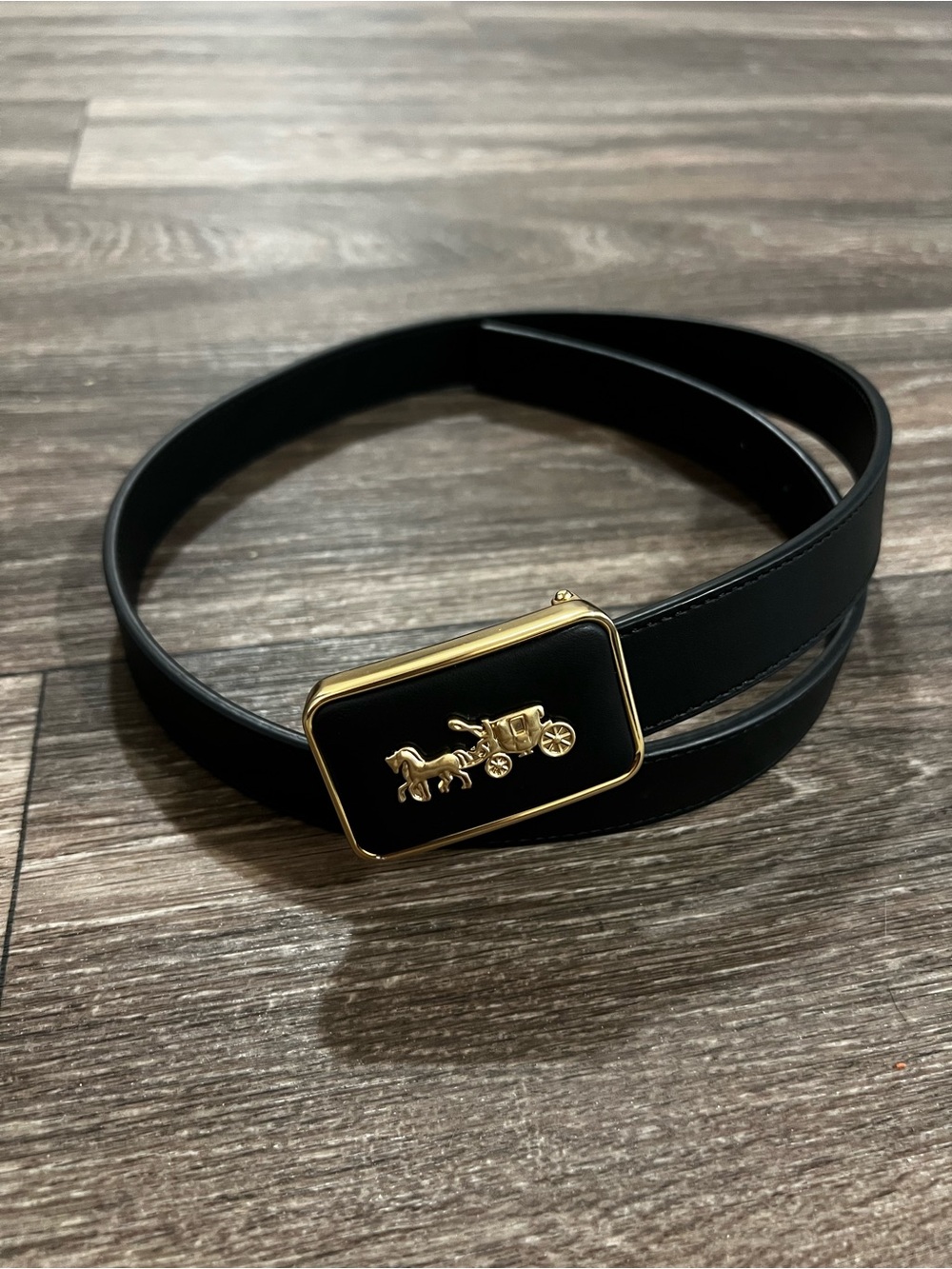 COACH Grace Plaque Black Calf Leather Buckle Belt with Gold Hardwares size S